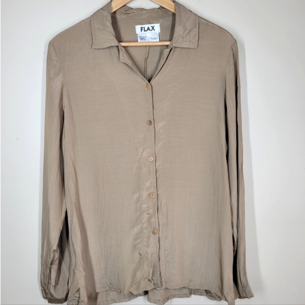 Flax Tan Brown Minimalist Lagenlook Rayon Button Up Shirt Small Women's Collared
